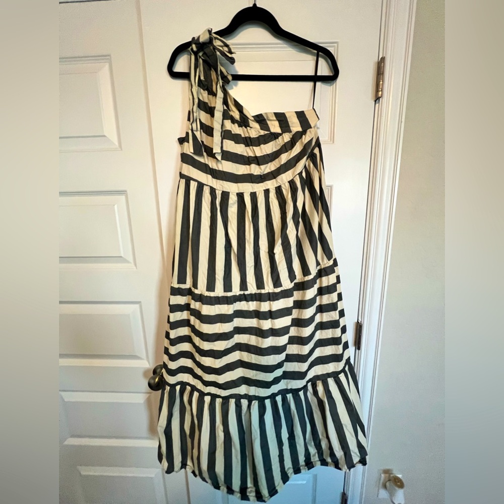 Who What Wear Blue and Cream Striped One Shoulder Dress